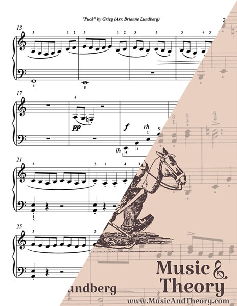 Puck by Grieg simplified piano sheet music preview